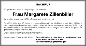 Traueranzeige von Margarete Zillenbiller von Memminger Zeitung