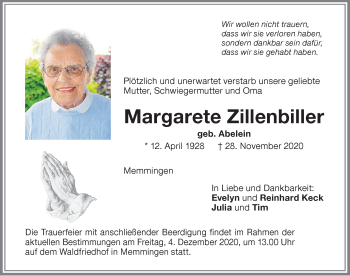 Traueranzeige von Margarete Zillenbiller von Memminger Zeitung