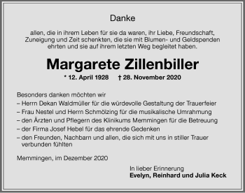 Traueranzeige von Margarete Zillenbiller von Memminger Zeitung