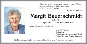 Traueranzeige von Margit Bauerschmidt von Allgäuer Zeitung, Kaufbeuren/Buchloe