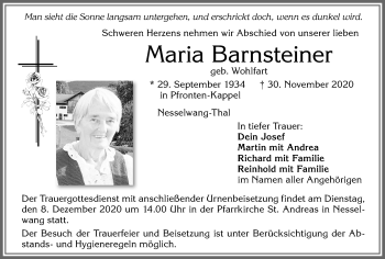 Traueranzeige von Maria Barnsteiner von Allgäuer Zeitung