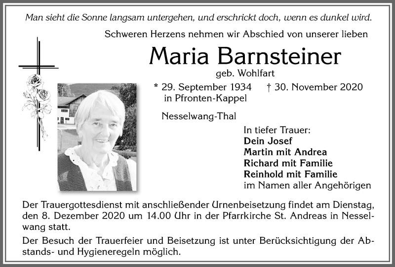  Traueranzeige für Maria Barnsteiner vom 05.12.2020 aus Allgäuer Zeitung