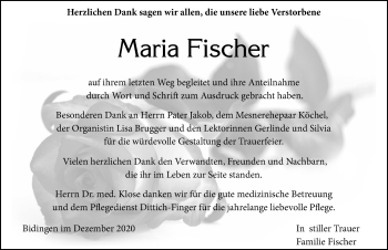 Traueranzeige von Maria Fischer von Allgäuer Zeitung, Marktoberdorf