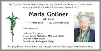 Traueranzeige von Maria Goßner von Allgäuer Zeitung, Kaufbeuren/Buchloe
