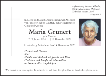 Traueranzeige von Maria Grunert von Der Westallgäuer