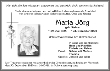 Traueranzeige von Maria Jörg von Allgäuer Zeitung,Kempten