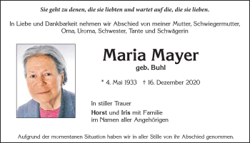 Traueranzeige von Maria Mayer von Allgäuer Zeitung, Marktoberdorf