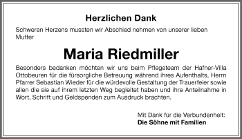 Traueranzeige von Maria Riedmiller von Memminger Zeitung