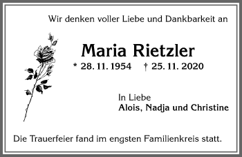 Traueranzeige von Maria Rietzler von Allgäuer Zeitung, Füssen