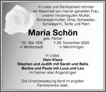 Traueranzeige von Maria Schön von Memminger Zeitung