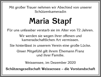 Traueranzeige von Maria Stapf von Allgäuer Zeitung, Füssen