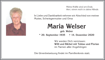 Traueranzeige von Maria Welser von Allgäuer Anzeigeblatt