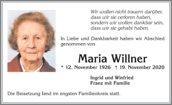 Traueranzeige von Maria Willner von Allgäuer Anzeigeblatt