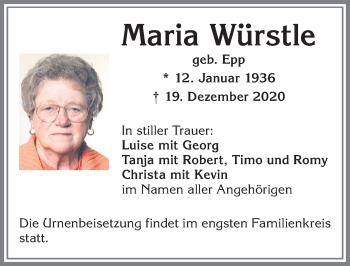 Traueranzeige von Maria Würstle von Allgäuer Zeitung, Kaufbeuren/Buchloe