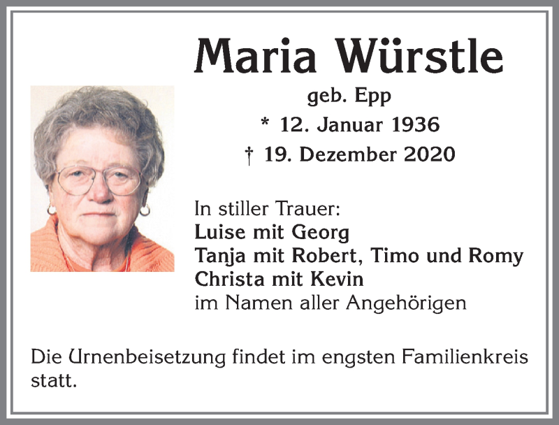  Traueranzeige für Maria Würstle vom 24.12.2020 aus Allgäuer Zeitung, Kaufbeuren/Buchloe
