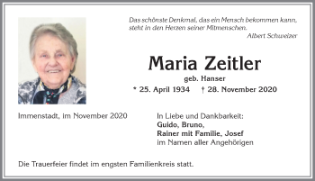 Traueranzeige von Maria Zeitler von Allgäuer Anzeigeblatt
