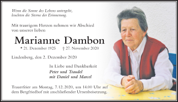 Traueranzeige von Marianne Dambon von Der Westallgäuer