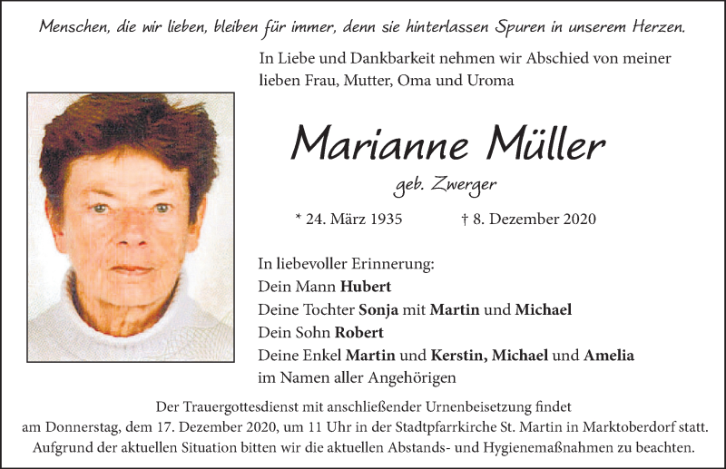  Traueranzeige für Marianne Müller vom 15.12.2020 aus Allgäuer Zeitung, Marktoberdorf