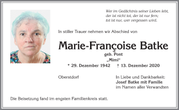 Traueranzeige von Marie-Françoise Batke von Allgäuer Anzeigeblatt