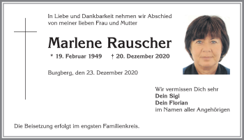 Traueranzeige von Marlene Rauscher von Allgäuer Anzeigeblatt