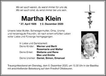 Traueranzeige von Martha Klein von Memminger Zeitung