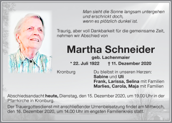 Traueranzeige von Martha Schneider von Memminger Zeitung