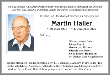 Traueranzeige von Martin Hailer von Allgäuer Zeitung,Kempten