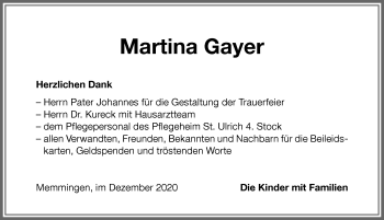 Traueranzeige von Martina Gayer von Memminger Zeitung