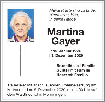 Traueranzeige von Martina Gayer von Memminger Zeitung