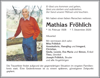Traueranzeige von Mathias Fröhlich von Allgäuer Zeitung,Kempten