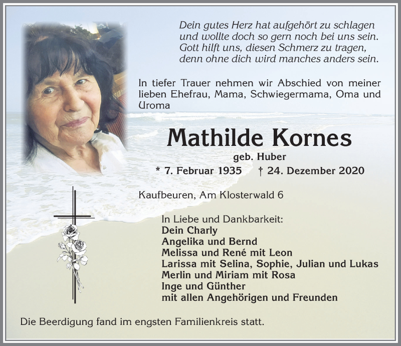  Traueranzeige für Mathilde Kornes vom 31.12.2020 aus Allgäuer Zeitung, Kaufbeuren/Buchloe