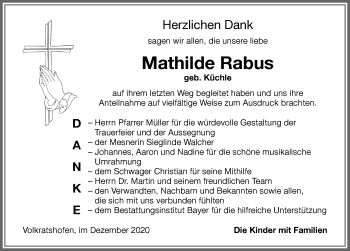 Traueranzeige von Mathilde Rabus von Memminger Zeitung