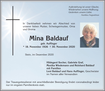 Traueranzeige von Mina Baldauf von Allgäuer Zeitung