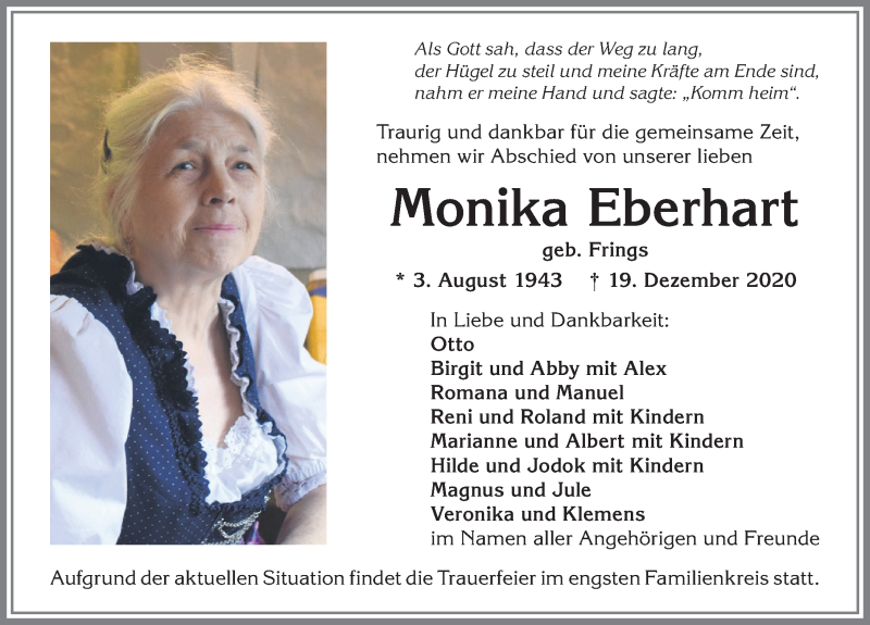  Traueranzeige für Monika Eberhart vom 23.12.2020 aus Allgäuer Anzeigeblatt
