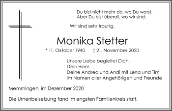 Traueranzeige von Monika Stetter von Memminger Zeitung