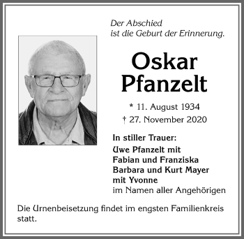 Traueranzeige von Oskar Pfanzelt von Allgäuer Zeitung, Kaufbeuren/Buchloe