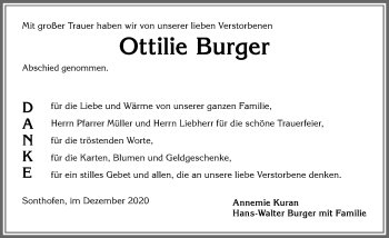 Traueranzeige von Ottilie Burger von Allgäuer Anzeigeblatt