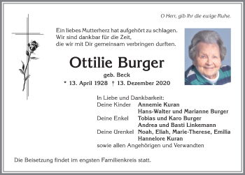 Traueranzeige von Ottilie Burger von Allgäuer Anzeigeblatt