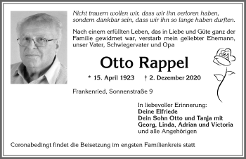 Traueranzeige von Otto Rappel von Allgäuer Zeitung, Kaufbeuren/Buchloe