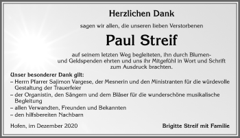 Traueranzeige von Paul Streif von Allgäuer Zeitung, Marktoberdorf