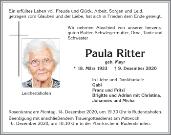 Traueranzeige von Paula Ritter von Allgäuer Zeitung, Marktoberdorf