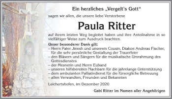 Traueranzeige von Paula Ritter von Allgäuer Zeitung, Marktoberdorf