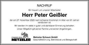 Traueranzeige von Peter Geißler von Memminger Zeitung