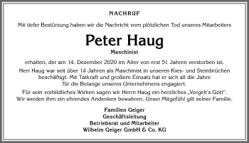 Traueranzeige von Peter Haug von Allgäuer Anzeigeblatt