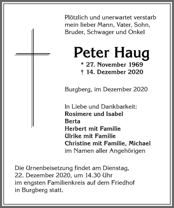 Traueranzeige von Peter Haug von Allgäuer Anzeigeblatt