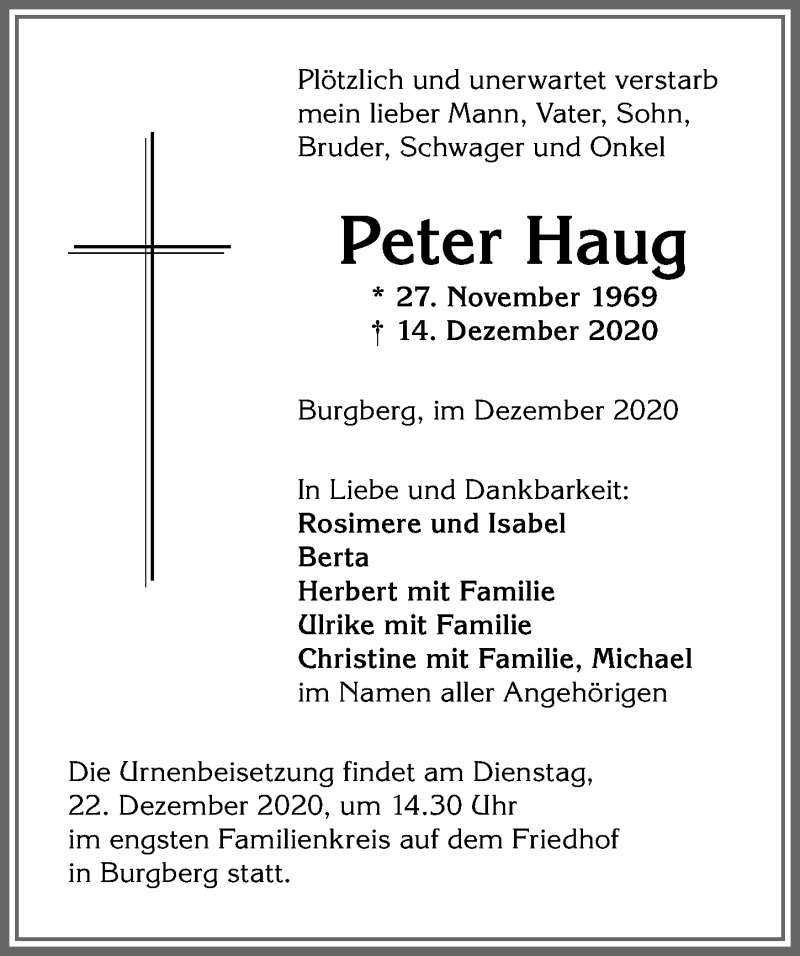  Traueranzeige für Peter Haug vom 21.12.2020 aus Allgäuer Anzeigeblatt