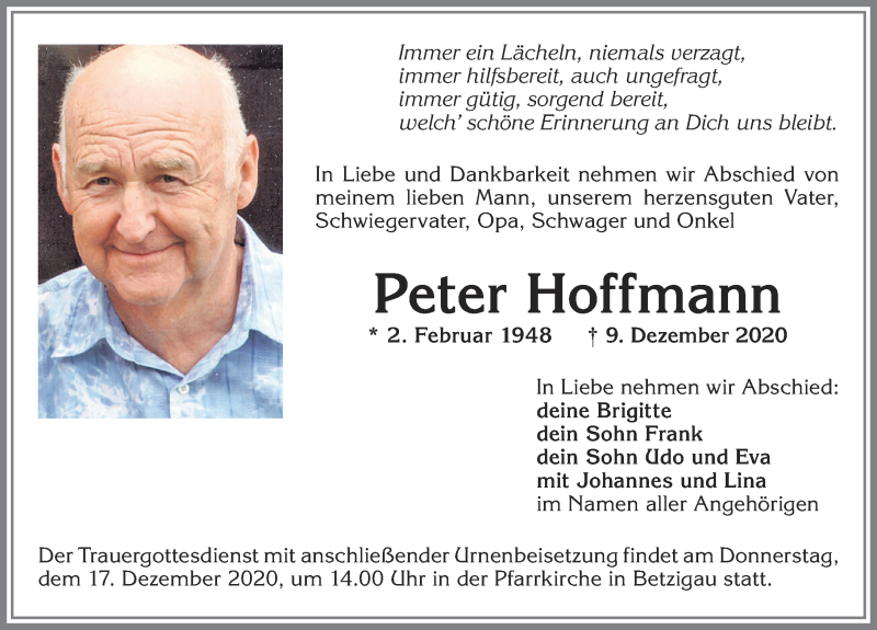  Traueranzeige für Peter Hoffmann vom 15.12.2020 aus Allgäuer Zeitung,Kempten