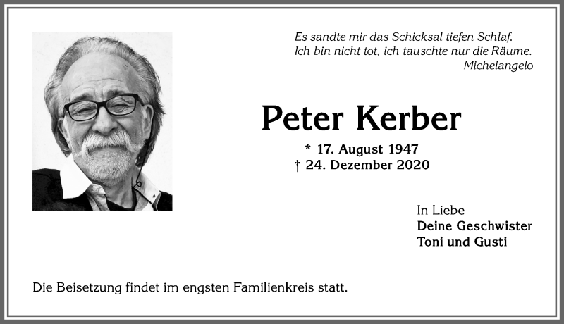  Traueranzeige für Peter Kerber vom 31.12.2020 aus Allgäuer Anzeigeblatt