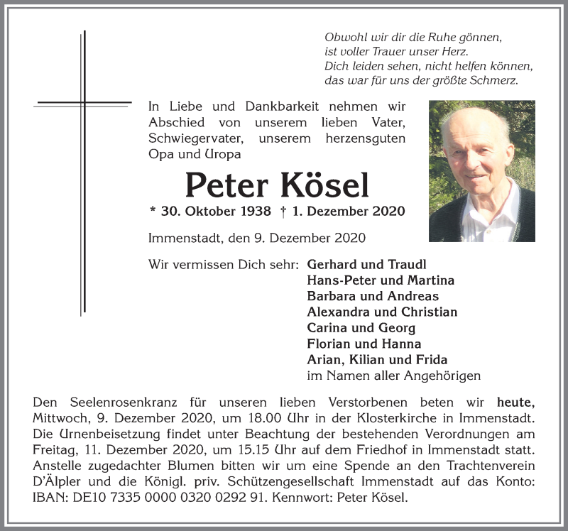  Traueranzeige für Peter Kösel vom 09.12.2020 aus Allgäuer Anzeigeblatt