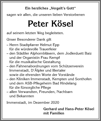 Traueranzeige von Peter Kösel von Allgäuer Anzeigeblatt